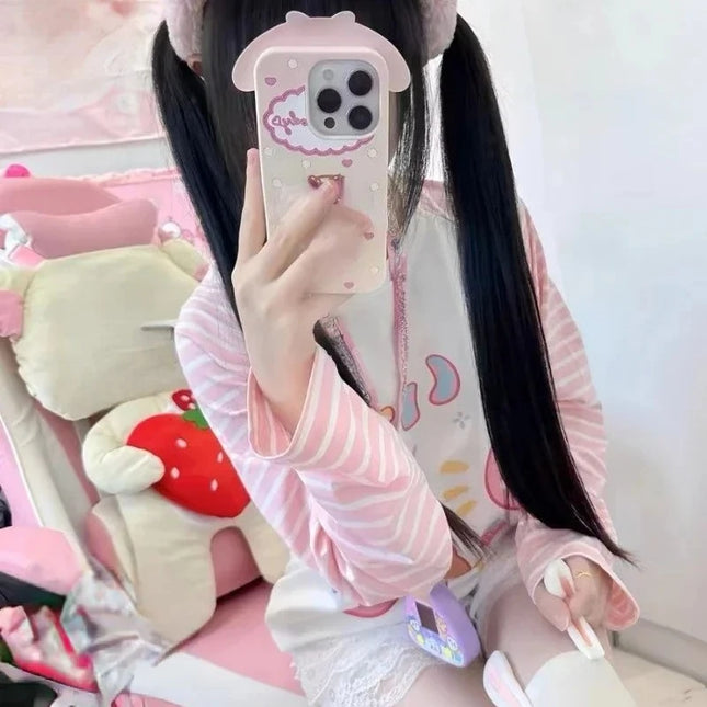 Japanese Patchwork Pink Stripe Casual T-shirt Y2k Cartoon Print Tees Women Harajuku Tops Grunge Kawaii Cute Aesthetic Tshirts