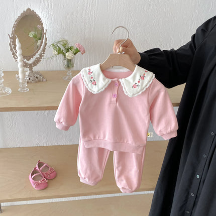 Autumn girls' sweatshirt set, long-sleeved embroidered lapel top and sweatpants two-piece set for casual outings