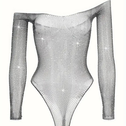 Mesh Sexy Lingerie Women Crystal Diamonds Dress Off Shoulder O Neck Y2k Clothes Long Sleeve Dresses Evening Club Party Sundress