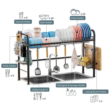 85cm Over Sink Dish Drying Rack, Large Capacity Metal Kitchen Organizer with Utensil Holder & Hooks, Space Saving For Countertop