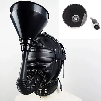 BDSM Bondage Headgear PU Leather Lockable Hood Mask with Openable Mouth Gag Funnel Sensory Deprivation Head Hood Sex Toy