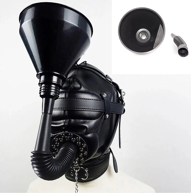 BDSM Bondage Headgear PU Leather Lockable Hood Mask with Openable Mouth Gag Funnel Sensory Deprivation Head Hood Sex Toy