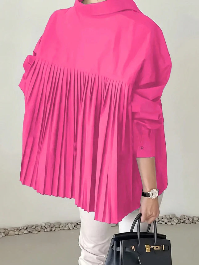 Plus Size 2025 Spring and Summer New Women's POLO Collar Pleated Casual Single Row Button Shirt Blouse Solid Color