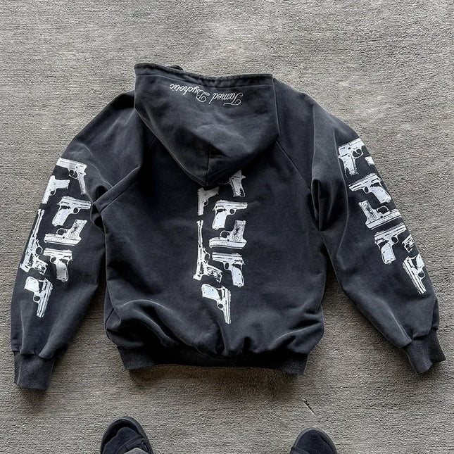 Winter Harajuku Men Women High Street Casual Sweatshirt America Retro Loose Wash Hoodie Pistol Pattern Print Oversized Cardigan