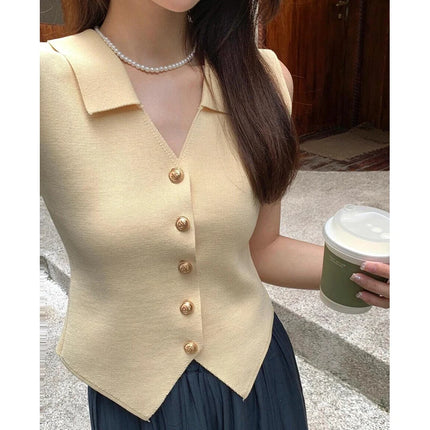 Women's French Temperament V-neck Sleeveless Slim Fit Knitted Vest Single Breasted Elegant Style