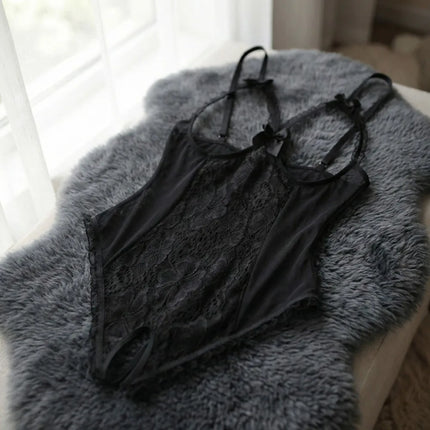 Fashion Deep V Lace Bow Bodysuit Mesh Hollow Transparent Lace Sling Nightwear Open Crotch Backless Sleeveless Jumpsuits Gifts