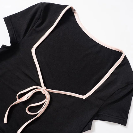 Y2K Summer Crop Top Bow Baby Tees Women's Clothes Chic Cute Low Cut Short Sleeve T-Shirts Black
