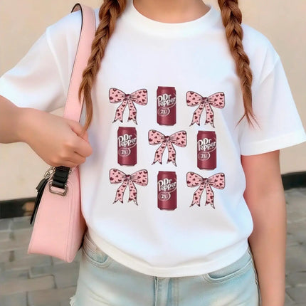Girls Aged 4-12 Outdoor Casual Round Neck Short-Sleeve Soda Can + Leopard Print Bow Comfortable Versatile Regular Fit Top 2026 New Style T-Shirt Clothing