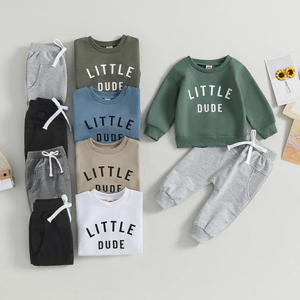 Baby Toddler Boys Fall Winter Outfits Little Dude Letter Printed Long Sleeve Sweatshirts Pants 2Pcs Clothes Set