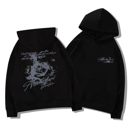 Letter Rose Print Hoodie Men Women Outdoor Street Sports Casual Fashion Trend Long-sleeve Sweatshirt Autumn Winter Top Clothes