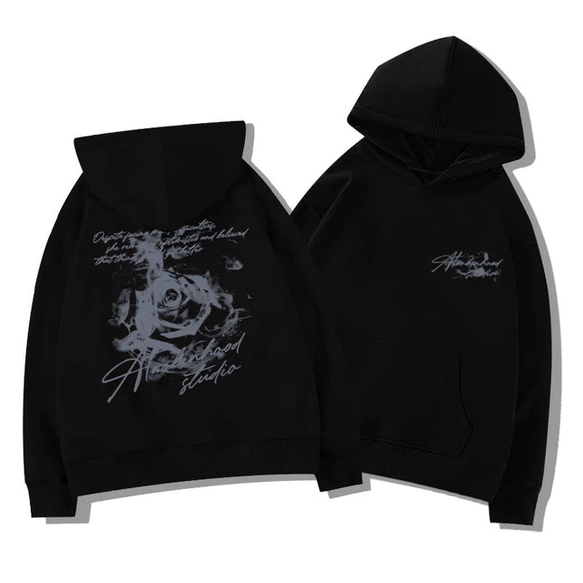 Letter Rose Print Hoodie Men Women Outdoor Street Sports Casual Fashion Trend Long-sleeve Sweatshirt Autumn Winter Top Clothes