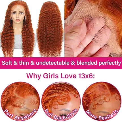 Curly 13x6 Lace Front Human Hair Wig Deep Wave 13x4 HD Lace Frontal Wig Water Wave Pre Plucked Orange Ginger Human Hair Wig