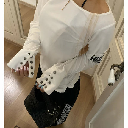 Tonngirls American Retro Print T-shirt Women Long Sleeve Button Graphic Tops Y2k Tops 2000s Japanese Grunge Tops E-girls Autumn