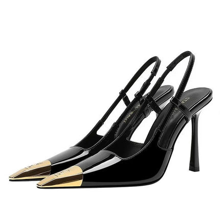 Runway Fashion YS Metal Square Toe Stiletto Heels Women's Baotou Sandals Black Pumps Color Block Glossy Design Shoes Luxury Shoe