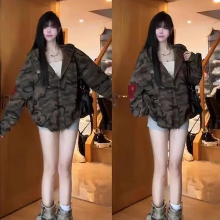 Retro American Camouflage Hoodie ort Women's Jaet Loose Cool Sle Outerwear Trendy Autumn Winter New Arrival