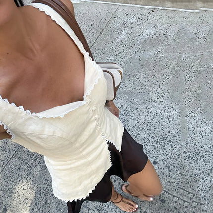 Linad Vintage Khaki Lace Spaghetti Strap Vest 2026 Elegant Square Collar Single Breasted Camis Street Chic Sleeveless Top Female
