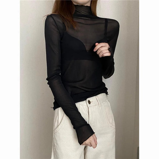 Sexy Women T Shirt See Through Transparent Mesh Tops Long Sleeve Sheer Slim Ladies Solid Turtleneck Silk T-Shirt Lace Crop Top
