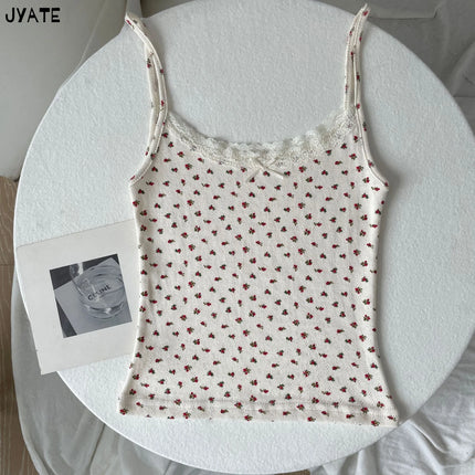 Sweet Floral Print Eyelet Bow Cropped Vests Women Cotton Casual Slim Lace Trim Tank Tops Vintage Preppy Style Cute Camisole Y2K