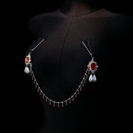 Red Tassel Gem Nipple Clamps Erotic Collar Body Chain Chest Restraint BDSM Women's Sexy Body Accessories Fetish Adult Sex Toys