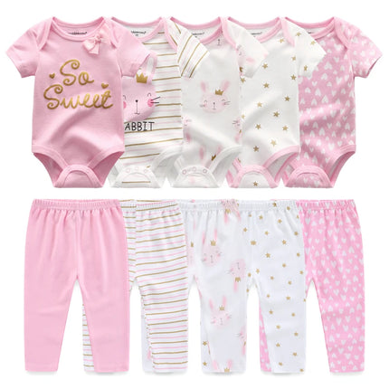 Kiddiezoom 10 Pcs/Lot Four Seasons Fashion Baby Clothing Set Cotton Soft Newborn Bodysuits+Pants Infant Outfit Gift