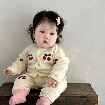 2025 Autumn Baby Girls Cute Sweet Cherry Knitting Overalls Infant Jumpsuit Romper