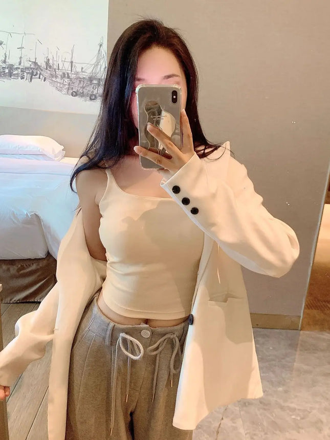 New Women's Slim Fit Tank Top Pure Color Summer Outerwear with Chest Pad Bal Base irt Sli Versatile Casual Wear