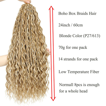 Synthetic Goddess Box Braid Crochet Hair 24" Honey Blonde Boho Bohemian Pre-looped Platinum Blonde Braiding Hair with Curly Ends