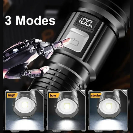 Ultra Bright LED Flashlight Type-C Rechargeable 3 Modes Long Range Zoom Tactical Torch Outdoor Emergency Camping Fishing Lantern