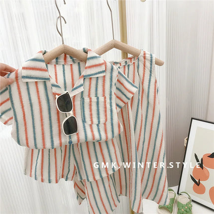 Summer Toddler Siblings Attire Turn Down Collar Top Striped Shorts Infant Boy Suit Loose Sleeveless Retro Dress Baby Girl Outfit