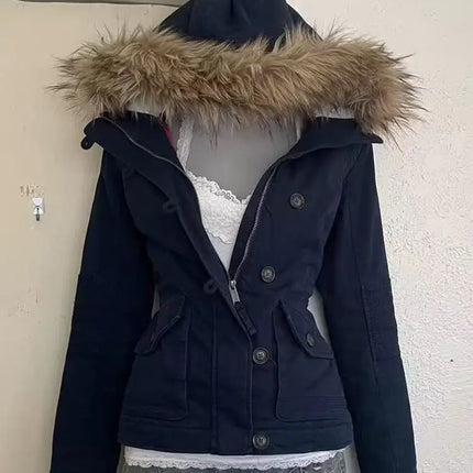 Y2K Street Gothic Slim Fit Zip Up Hooded Jacket Women Blue Frayed Edge Hooded Parka Trendy Retro Fashionable Warm Winter Wear