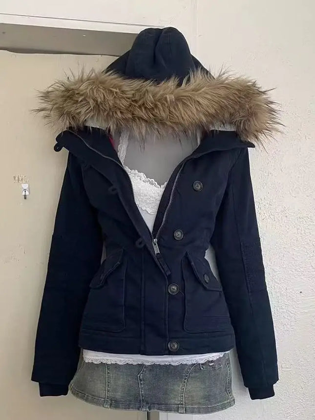 Y2K Street Gothic Slim Fit Zip Up Hooded Jacket Women Blue Frayed Edge Hooded Parka Trendy Retro Fashionable Warm Winter Wear