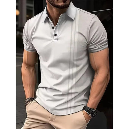 Summer 3D Men's Fashion Stripe Printed Short Sleeve Collared Button Casual Polo Shirt