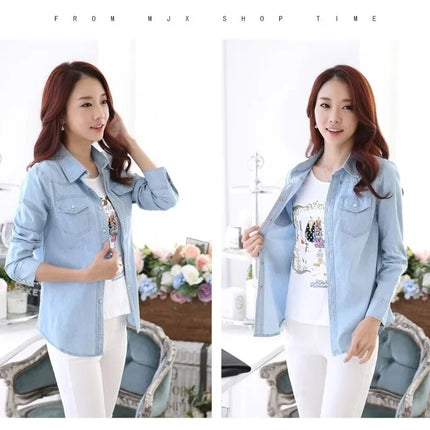 Slim Fit Cotton Denim Shirt Long Sleeve Women's Spring Autumn Summer Student Professional Outerwear Fashionable Casual Top
