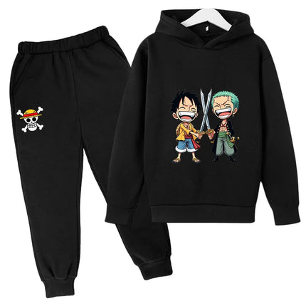 2025 Boys Girls Casual Hooded Japanese Anime One Piece Luffy Zoro Harajuku Hoodie Sweatpants Set with Pockets Sweatshirt Tops