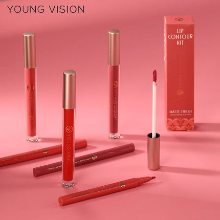 YOUNG VISION Lip Glaze + Lip Liner set liquid Lip Liner Waterproof non-stick cup Moisturizing easy color 12 color lip gloss