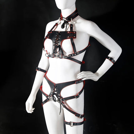 Red and Black One Piece Restraint Suit Leather Strap Outfit Knotted Uniform Sexy Lace Up Lingerie Women Accessories BDSM Product