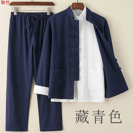 Men's Spring Summer Chinese Style Cotton Linen Long Sleeve Two-Piece Set Traditional Clothing Loose Fit Square Collar Shirt