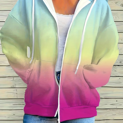 2025 New Woman Sweatshirts Simple Gradient Print Long Sleeves Zip Hoodie Autumn Casual Drawstring Design Fashion Women's Hoodie