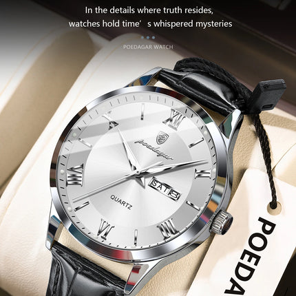 POEDAGAR Classic Luxury Men's Wristwatch Date Week Leather Business Man Watch Waterproof Luminous Fashion Quartz Watches For Men