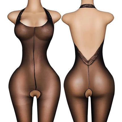 Lace Mesh Hanging Neck Bra Body Suits Erotic Crotchless Lingerie Women Deep V Halter Bodystocking Sexy Bodycon Teddies Bodysuits