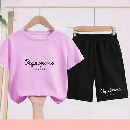 Children's Sportswear Set - White T-shirt + Shorts - Personalized Letter T-shirt Suitable for Boys and Girls Aged 3 to 13