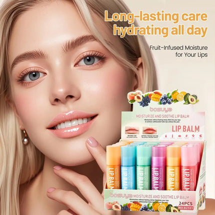24Pcs Assorted Fruit Flavor Lip Balm Set Hydrating&Nourishing&Prevents Chapped Lips Care Dry Lips & Fine Lines Lip Balm