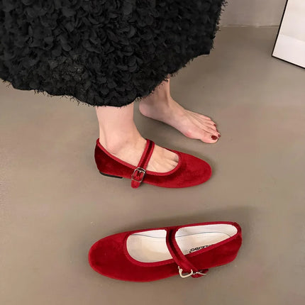 Vintage Flat Velvet Korean Style Mary's Single Shoes Women's 2024 New Spring Autumn Winter Red Warm Evening Shoes