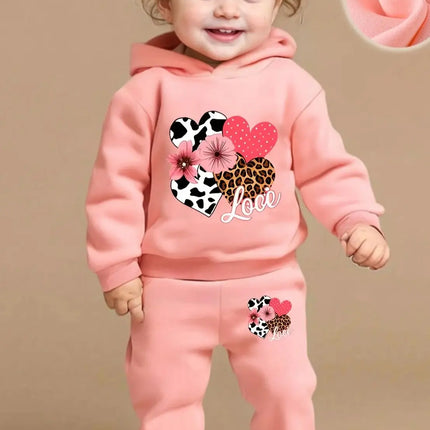 Baby Girl Love Love Flower Pattern Hoodie+Casual Pants Two Piece Set Spring and Autumn Sportswear