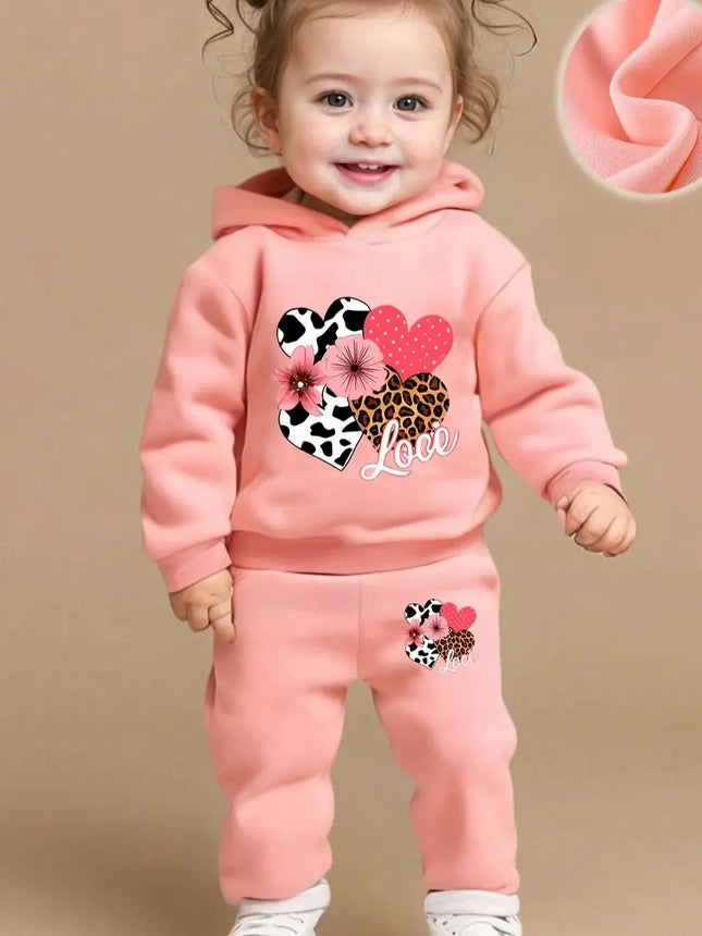 Baby Girl Love Love Flower Pattern Hoodie+Casual Pants Two Piece Set Spring and Autumn Sportswear