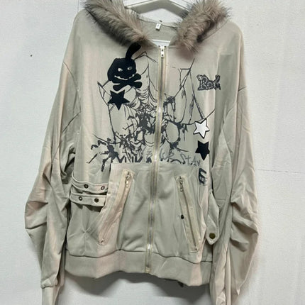 Harajuku Casual Rabbit's Ears Cute Hoodies Women Y2k Aesthetic Loose Printing Vintage Coats Streetwear Zipper Grunge Sweatshirts