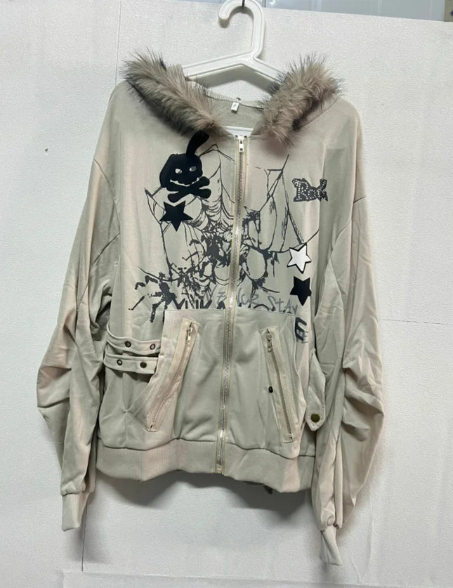 Harajuku Casual Rabbit's Ears Cute Hoodies Women Y2k Aesthetic Loose Printing Vintage Coats Streetwear Zipper Grunge Sweatshirts