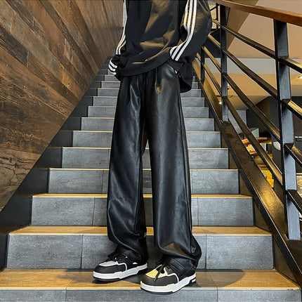 2024 Men's PU Leather pants Fashion baggy Motorcycle Pants Men Wide-leg Mopping Trousers All-match Windproof Plus Size 8XL-M