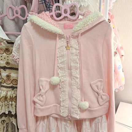 sweet Cute Kawaii Lolita Bunny Ear Hoodie - Fuzzy Trim Lace Trimmed Zipper Pom-Pom Bow Pockets Pink Zip-Up Casual Cute Jacket