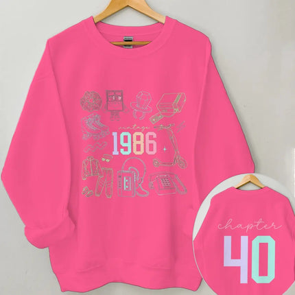 Chapter 40 40th Birthday Sweatshirt Women Born in 1986 Retro Graphic Double-Sided 80s Theme Crewneck Top Casual Retro Clothing